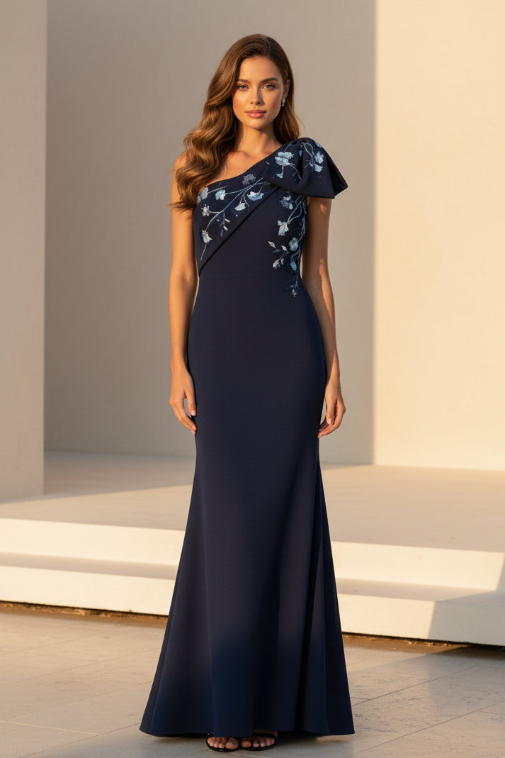 One-Shoulder Embroidered Crepe Trumpet Gown
