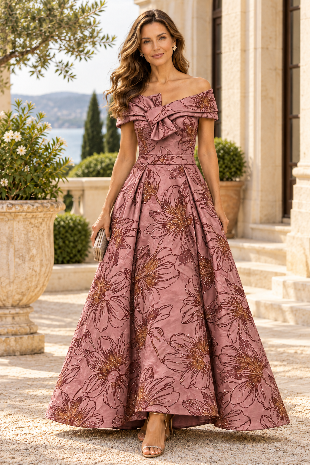 Off-the-Shoulder Jacquard Ball Gown with Bow