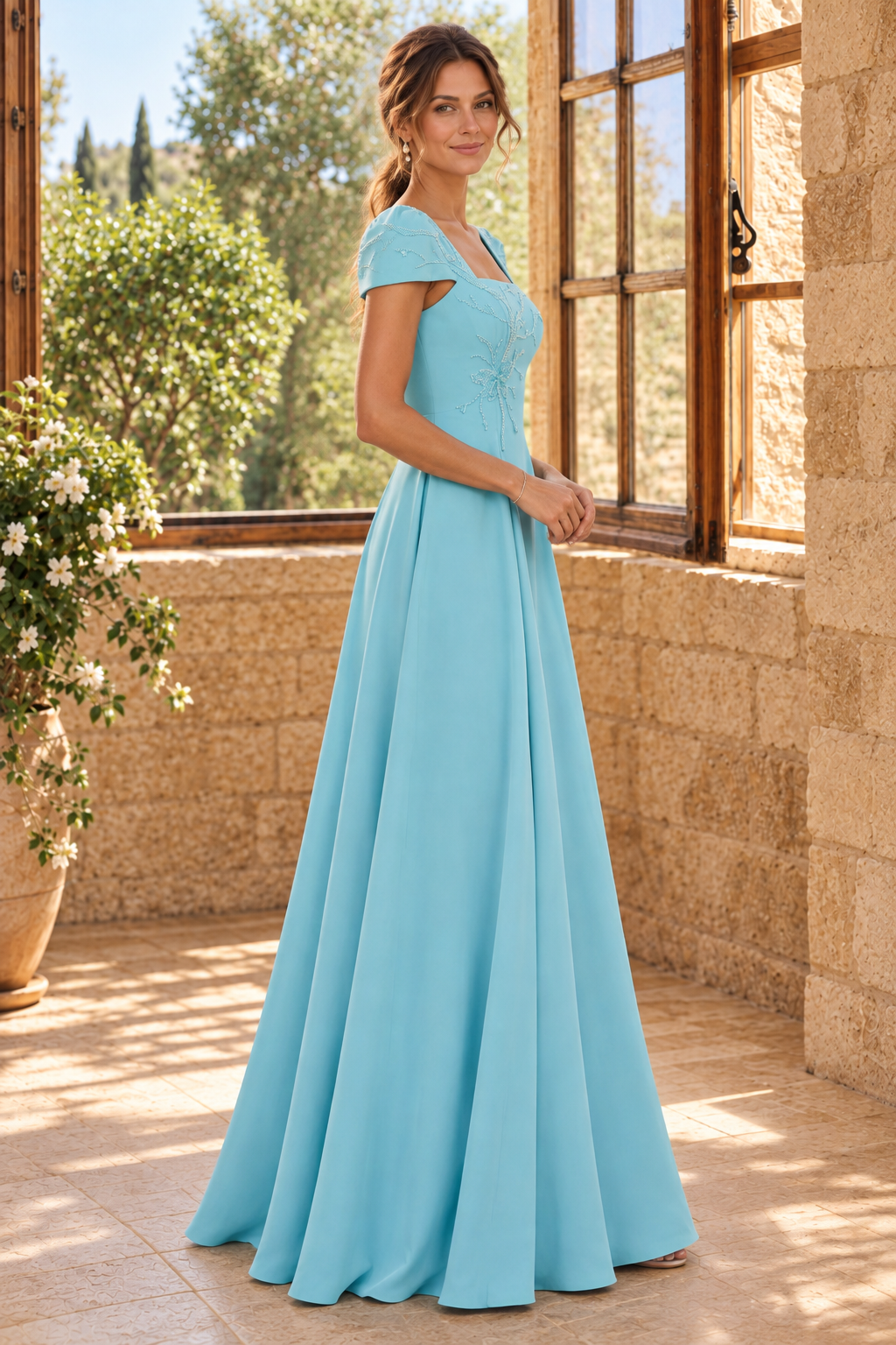 Beaded Square Neck A-Line Gown with Cap Sleeves