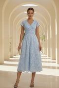 Lace Applique V-Neck Cap Sleeve Tea-Length Dress