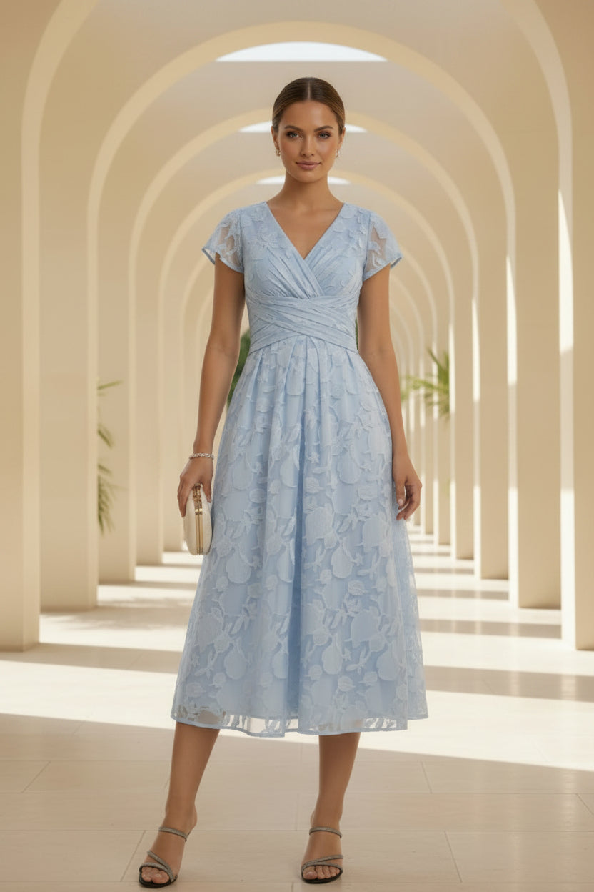 Lace Applique V-Neck Cap Sleeve Tea-Length Dress