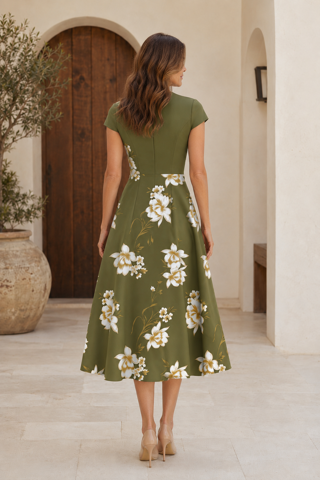 Floral Print V-Neck A-Line Midi Dress