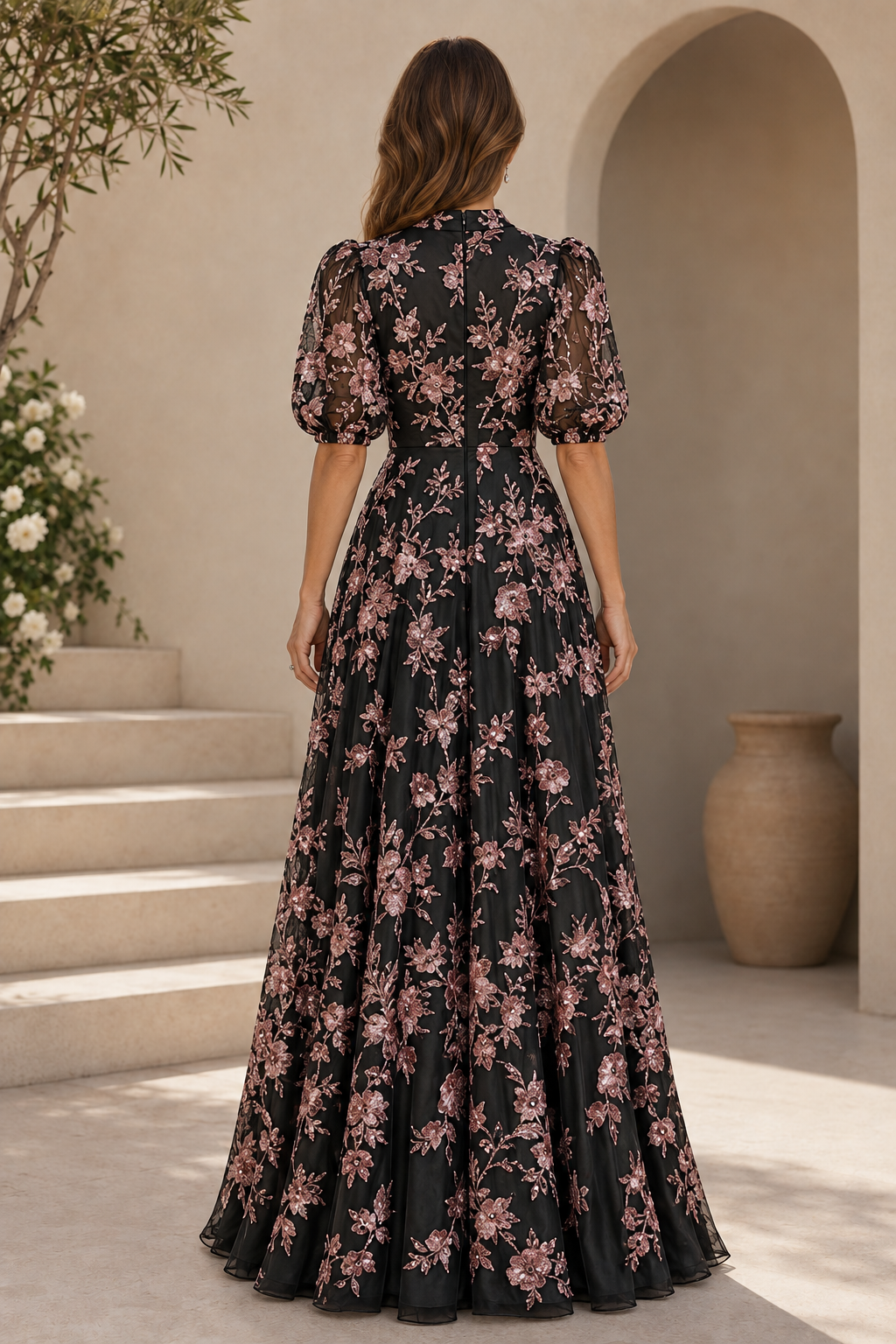 Floral Embroidered A-Line Gown with Puff Sleeves