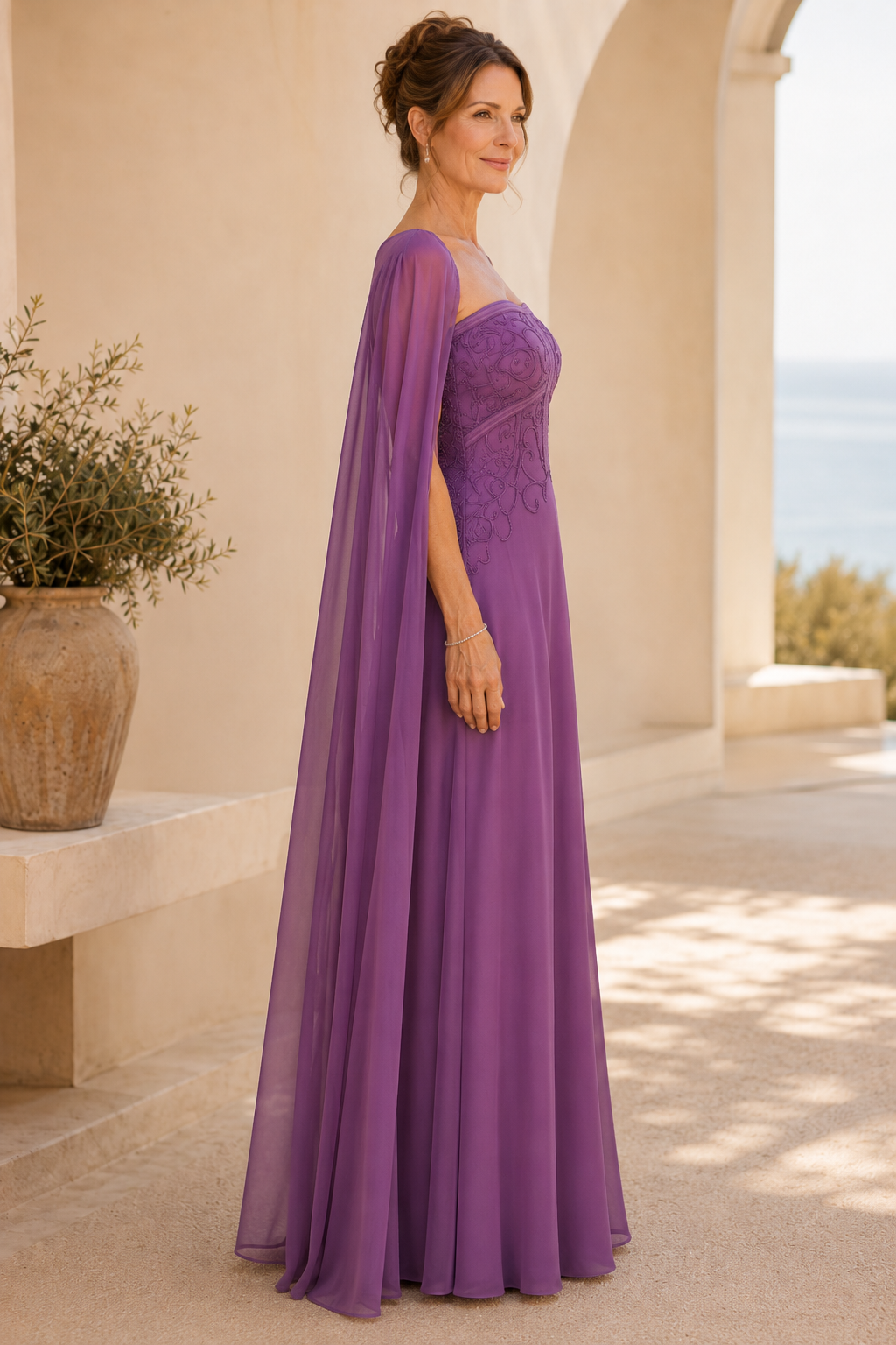 Embroidered Bodice Cape Sleeve A-Line Gown