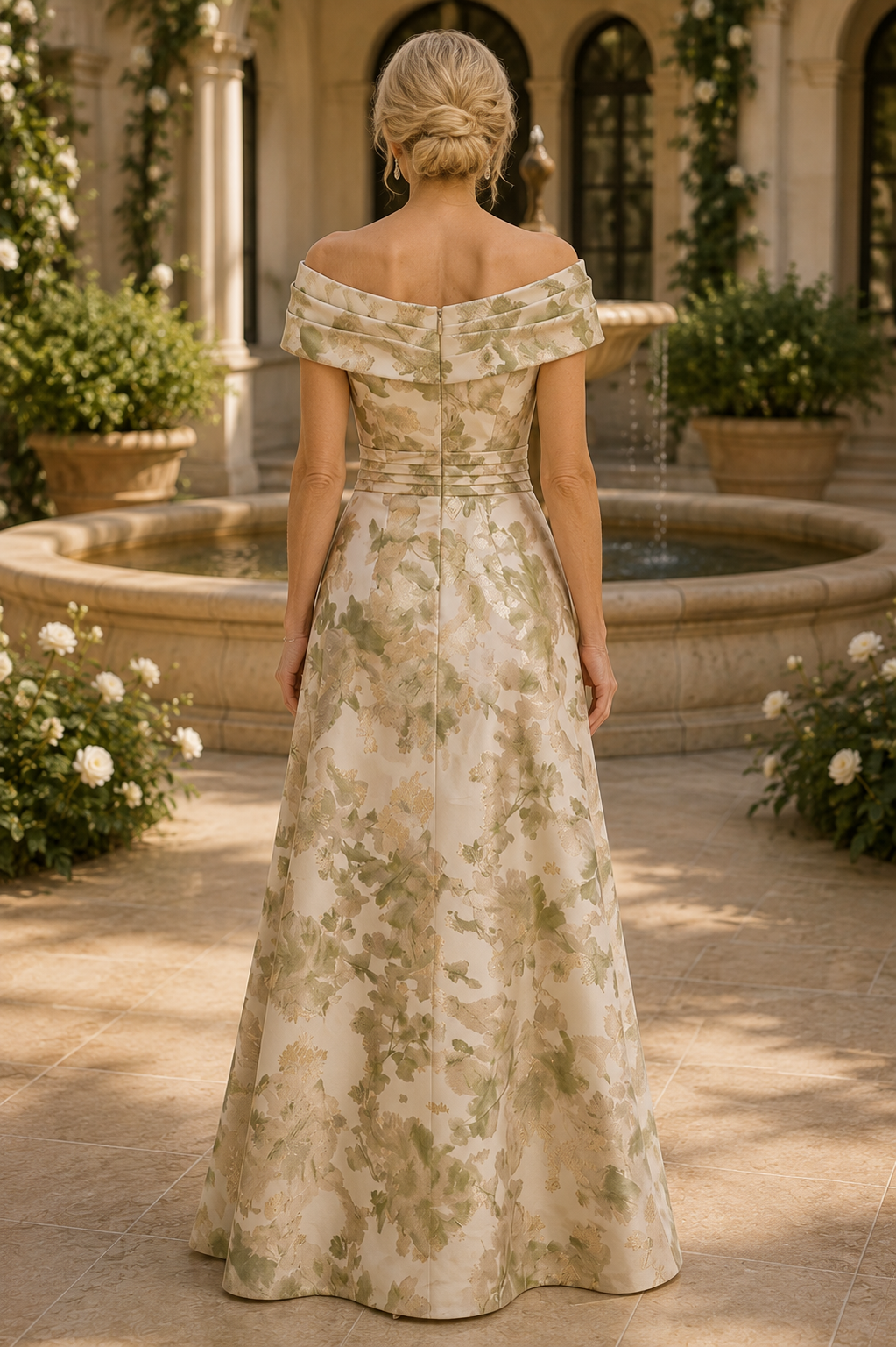 Off-the-Shoulder Pleated Floral A-Line Gown