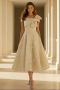 Off-the-Shoulder Lace Tea-Length A-Line Dress