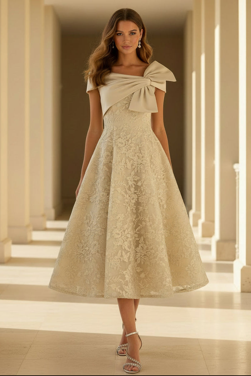 Off-the-Shoulder Lace Tea-Length A-Line Dress