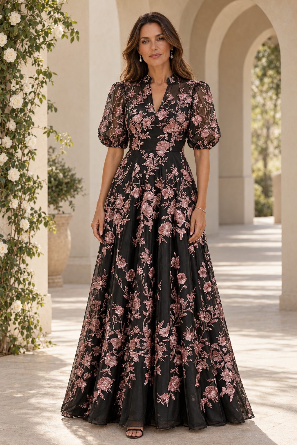 Floral Embroidered A-Line Gown with Puff Sleeves