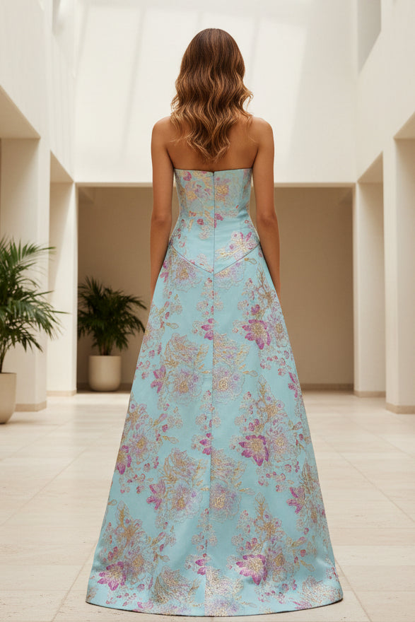 Strapless Floral Jacquard A-Line Gown