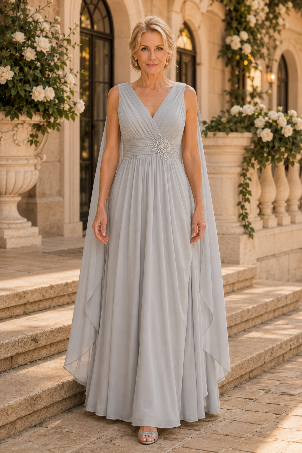 Pleated V-Neck Chiffon Gown with Cape Details