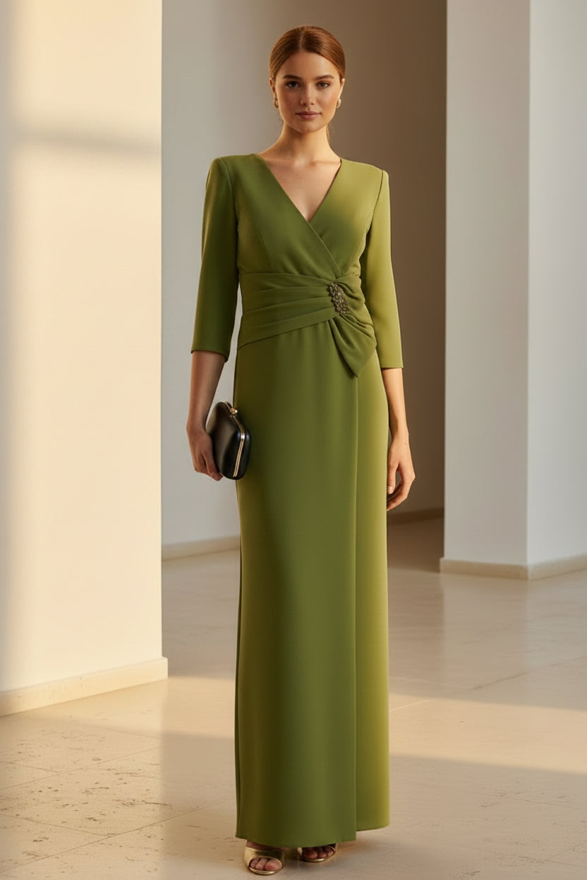 V-Neck 3/4 Sleeve Column Evening Gown with Ruched Waist