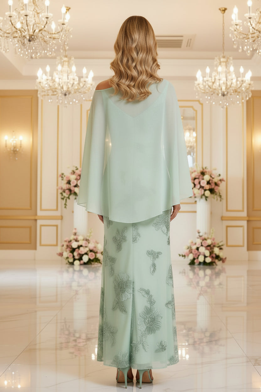 One-Shoulder Floral Cape Evening Gown