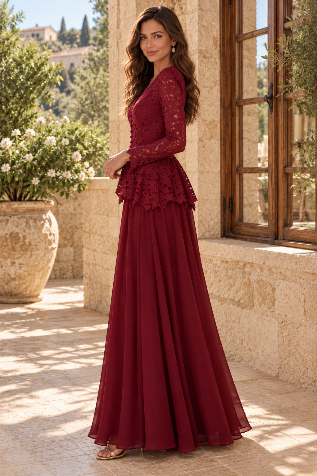 Peplum Lace Bodice V-Neck Evening Dress