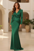 V-Neck Long Sleeve Satin Column Evening Gown