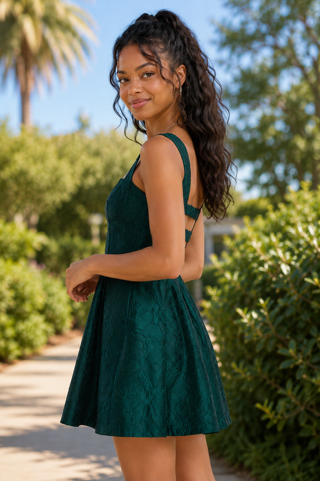 Jacquard Square-Neck Cut-Out Mini Dress