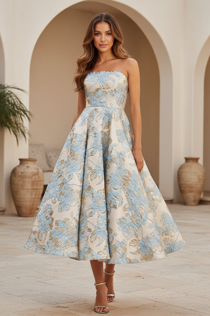 Strapless Metallic Jacquard A-Line Midi Dress