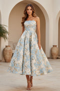 Strapless Metallic Jacquard A-Line Midi Dress