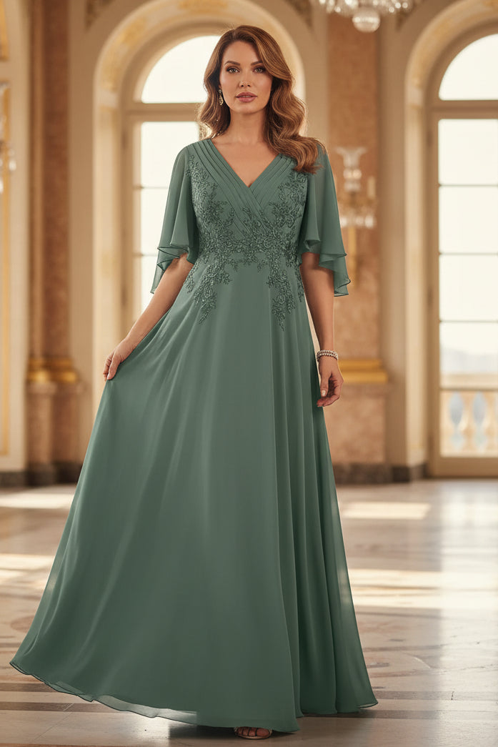 V-Neck A-Line Chiffon Formal Dress with Flutter Sleeves