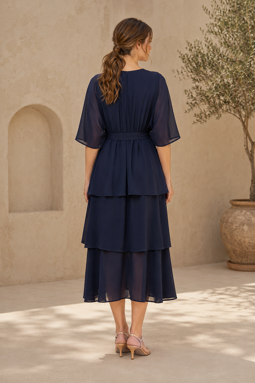 Tiered Chiffon Wrap Midi Dress with Flutter Sleeves