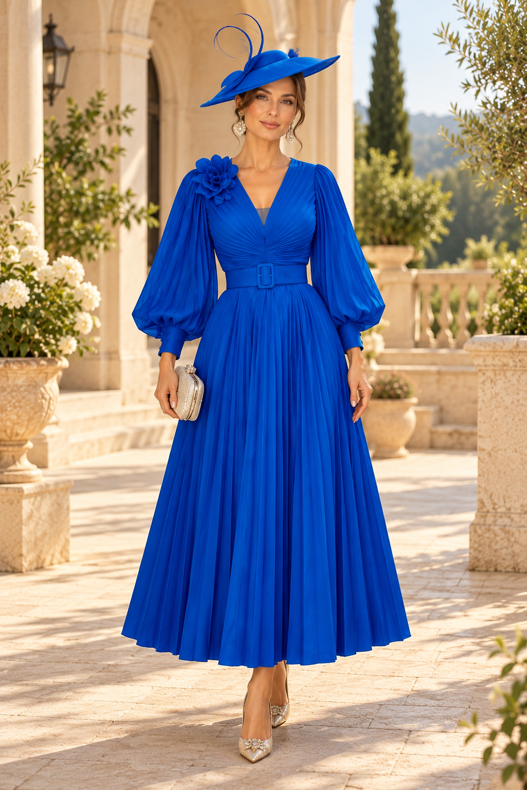 Pleated A-Line Midi Dress with Lantern Sleeves