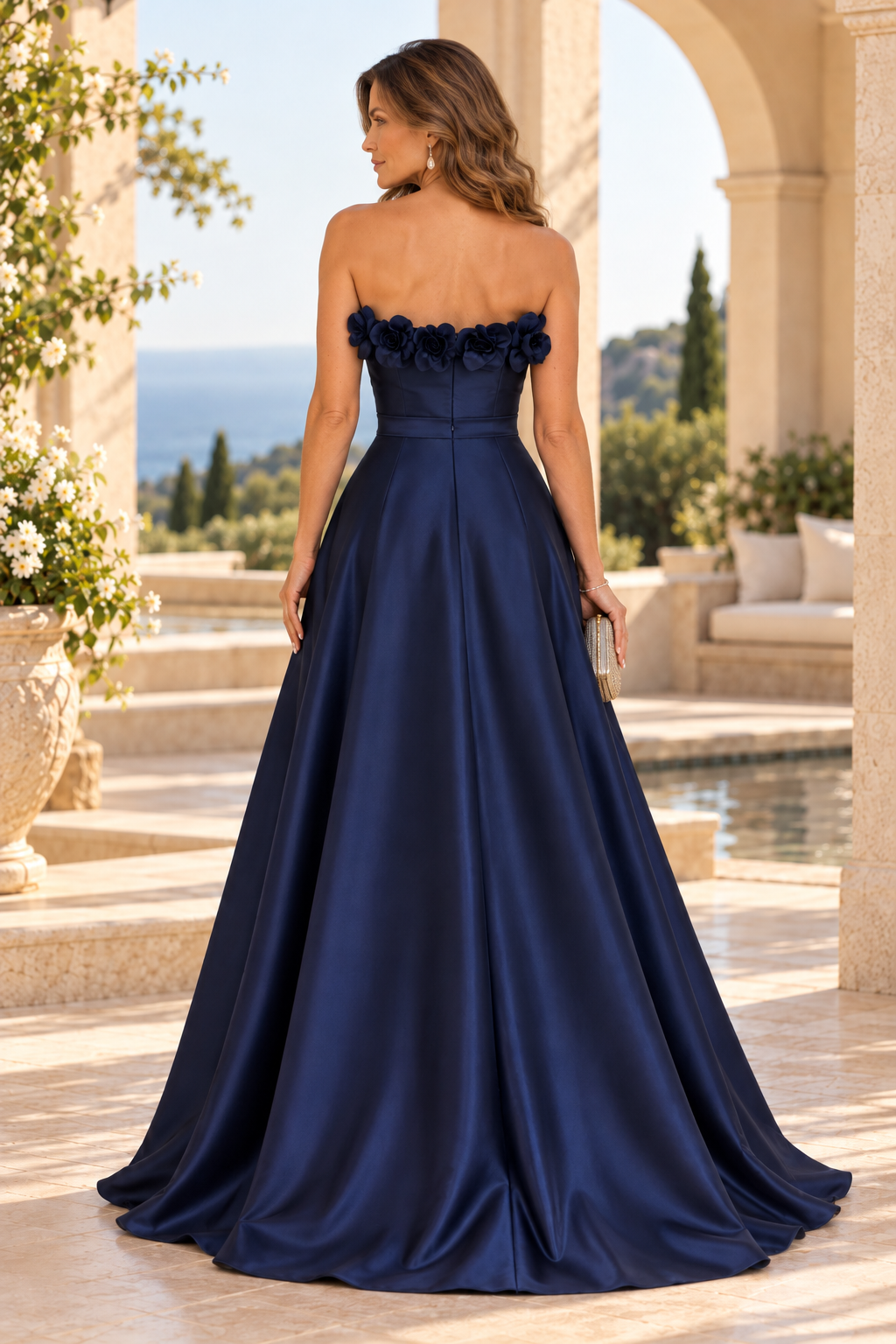 Strapless Floral Applique A-Line Gown with Slit