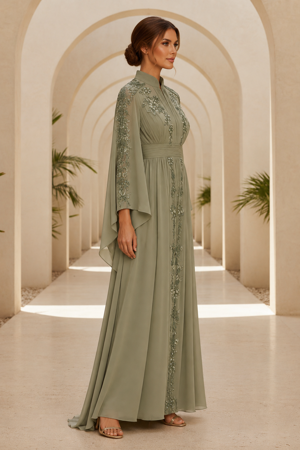 Embellished High Neck Bell Sleeve Chiffon Gown