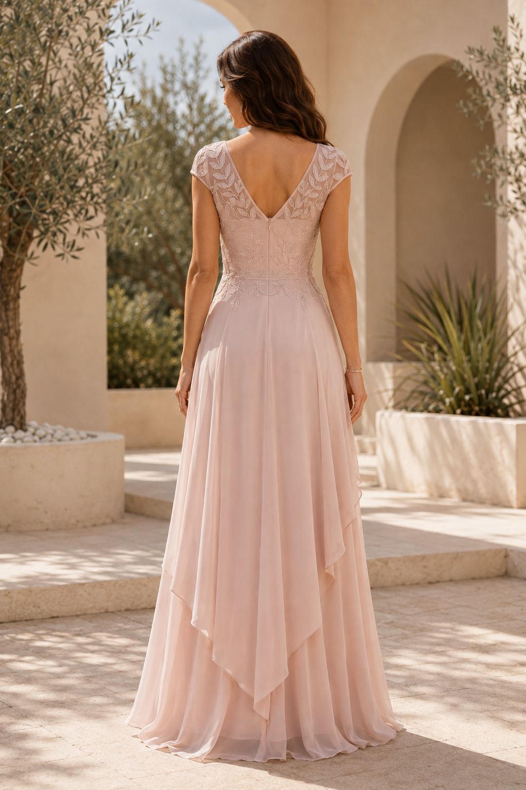 High-Low Chiffon Evening Gown with Illusion Lace Bodice