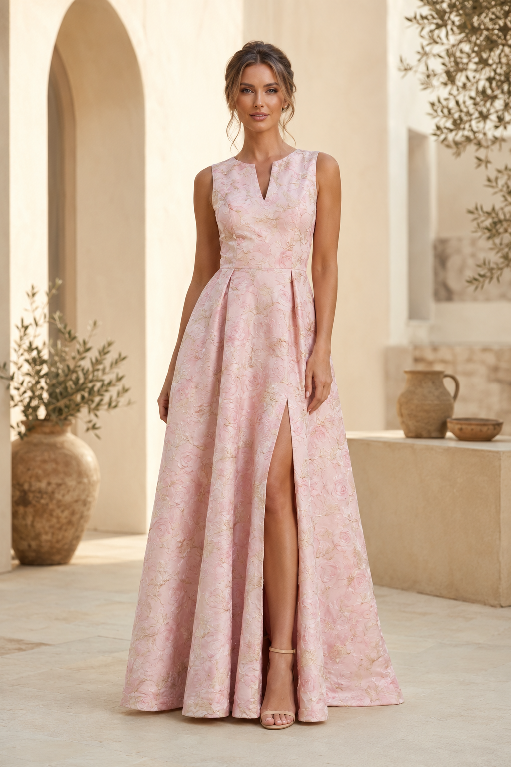 Sleeveless Jacquard A-Line Gown with Front Slit