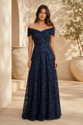 Off-Shoulder Sequin Floral Lace A-Line Evening Gown