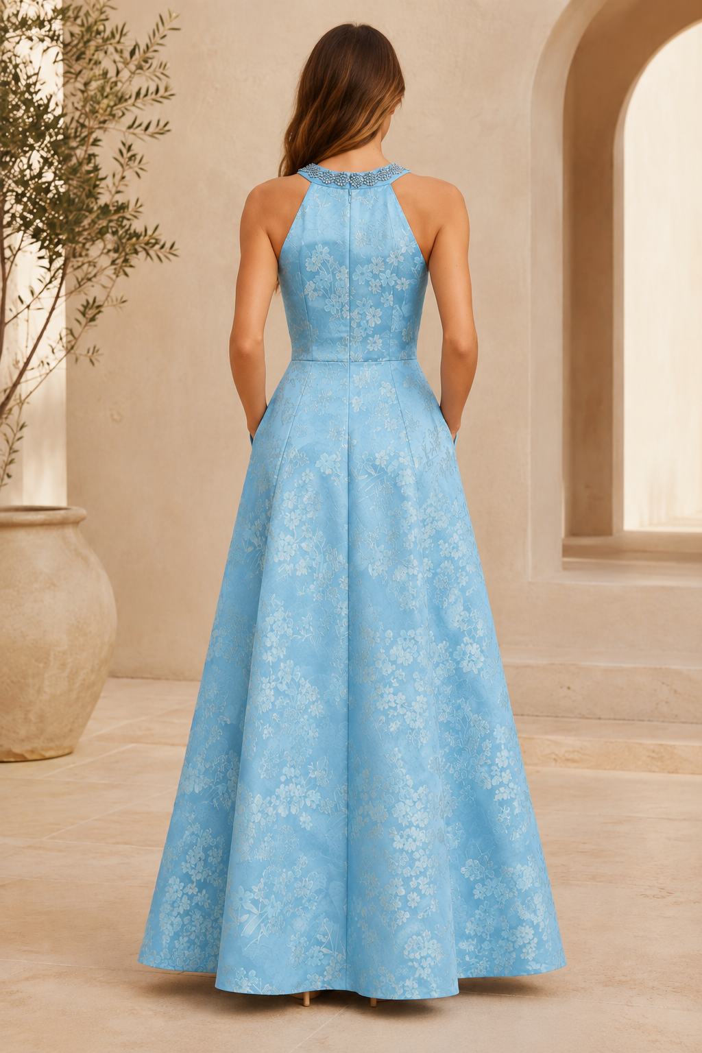 Floral Jacquard Halter Gown with Beaded Neckline