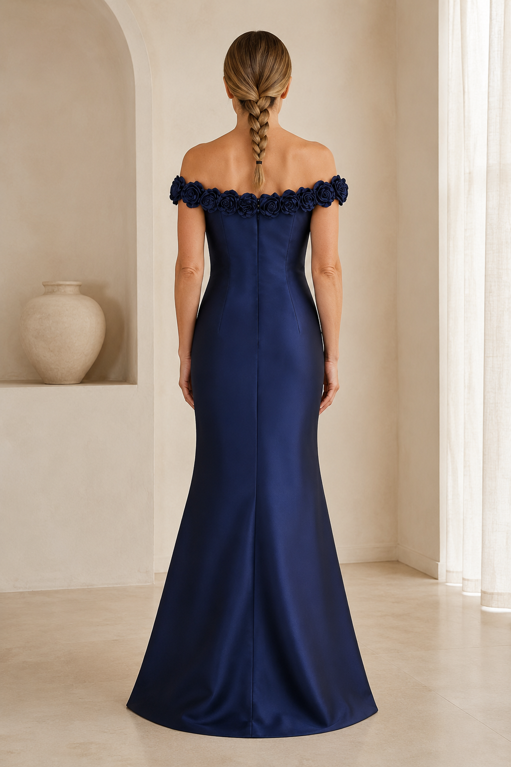 Off-the-Shoulder Satin Mermaid Gown with 3D Floral Trim