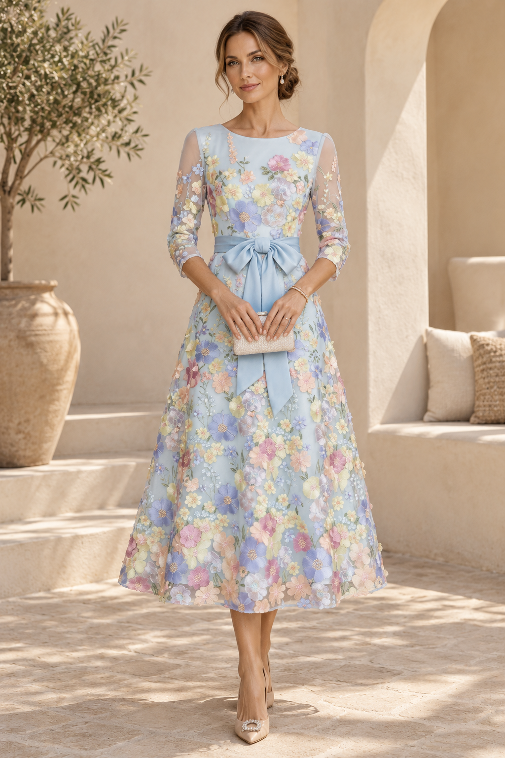 Floral Embroidered 3/4 Sleeve Midi Dress with Bow