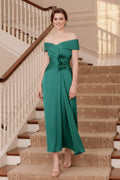 Off-the-Shoulder A-Line Midi Dress with 3D Flowers