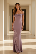 Off-the-Shoulder 3D Floral Applique Trumpet Gown