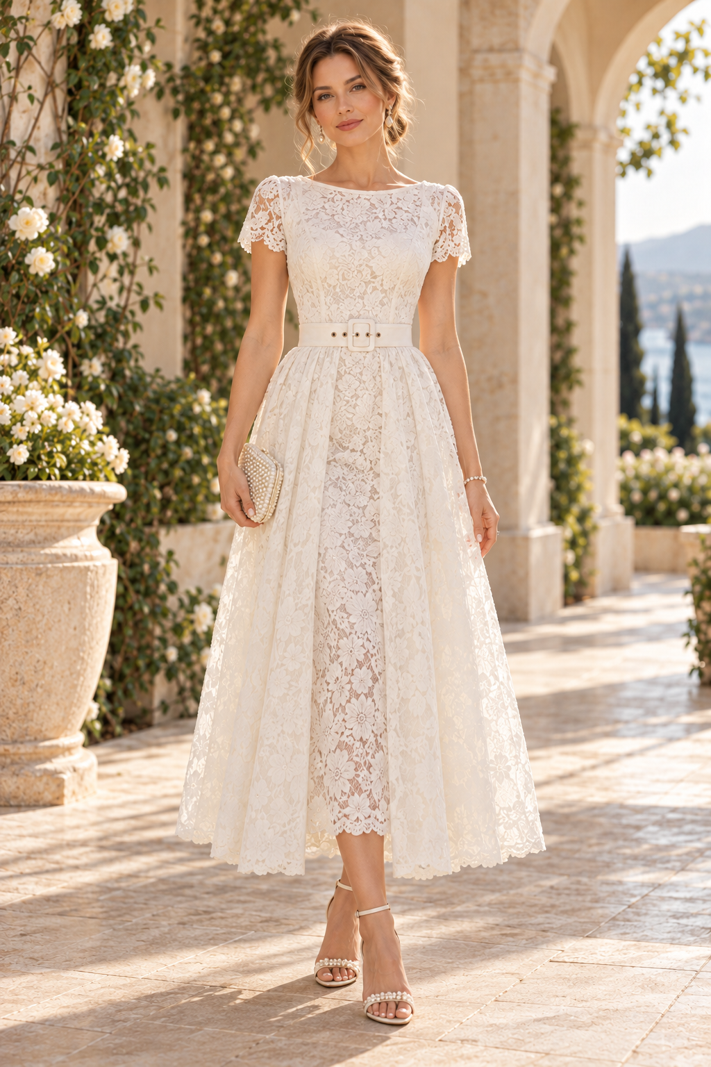 Belted Lace A-Line Tea-Length Dress with Sleeves