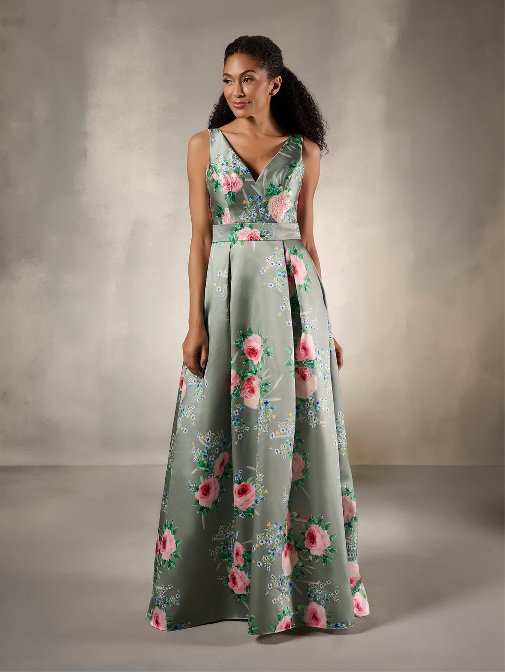 Floral V-Neck A-Line Satin Evening Gown