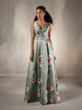 Floral V-Neck A-Line Satin Evening Gown