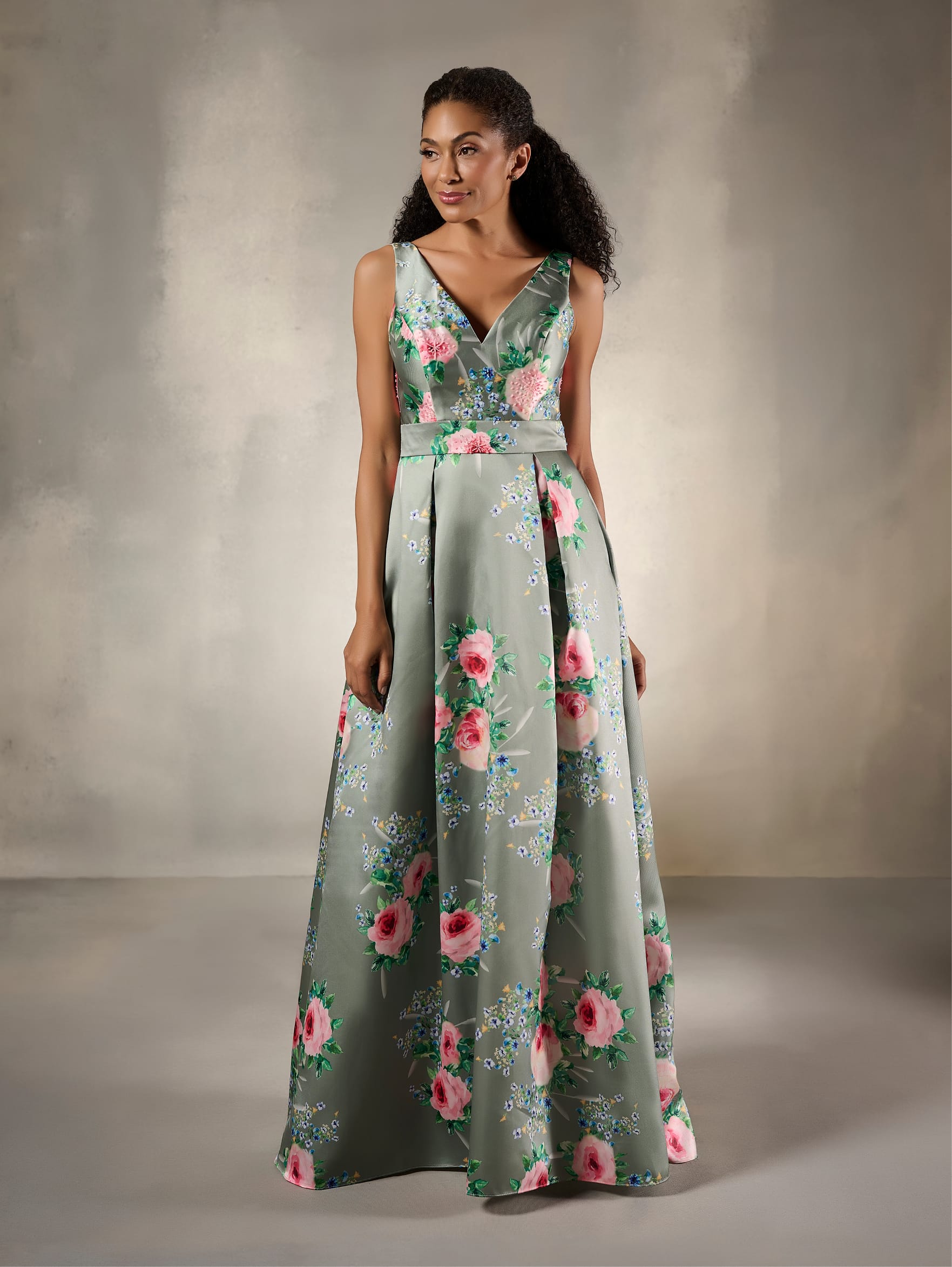Floral V-Neck A-Line Satin Evening Gown