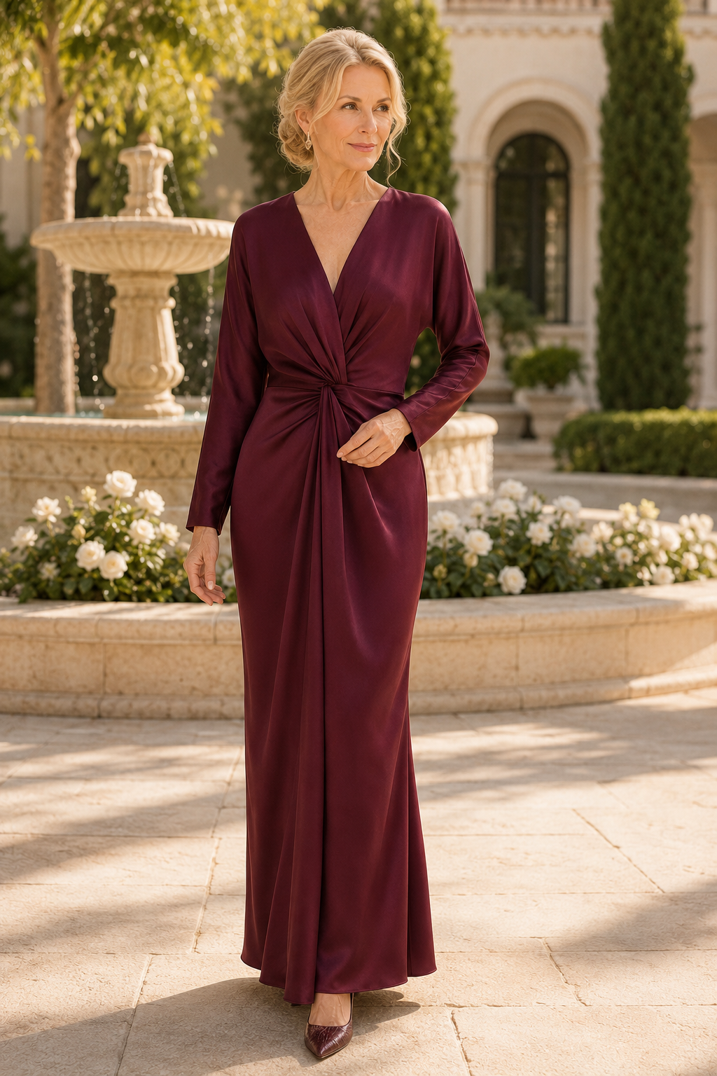 Long Sleeve V-Neck Twist Front Satin Gown