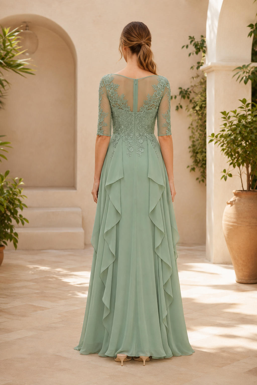 Embroidered Lace Illusion Bodice Tiered Ruffle Gown