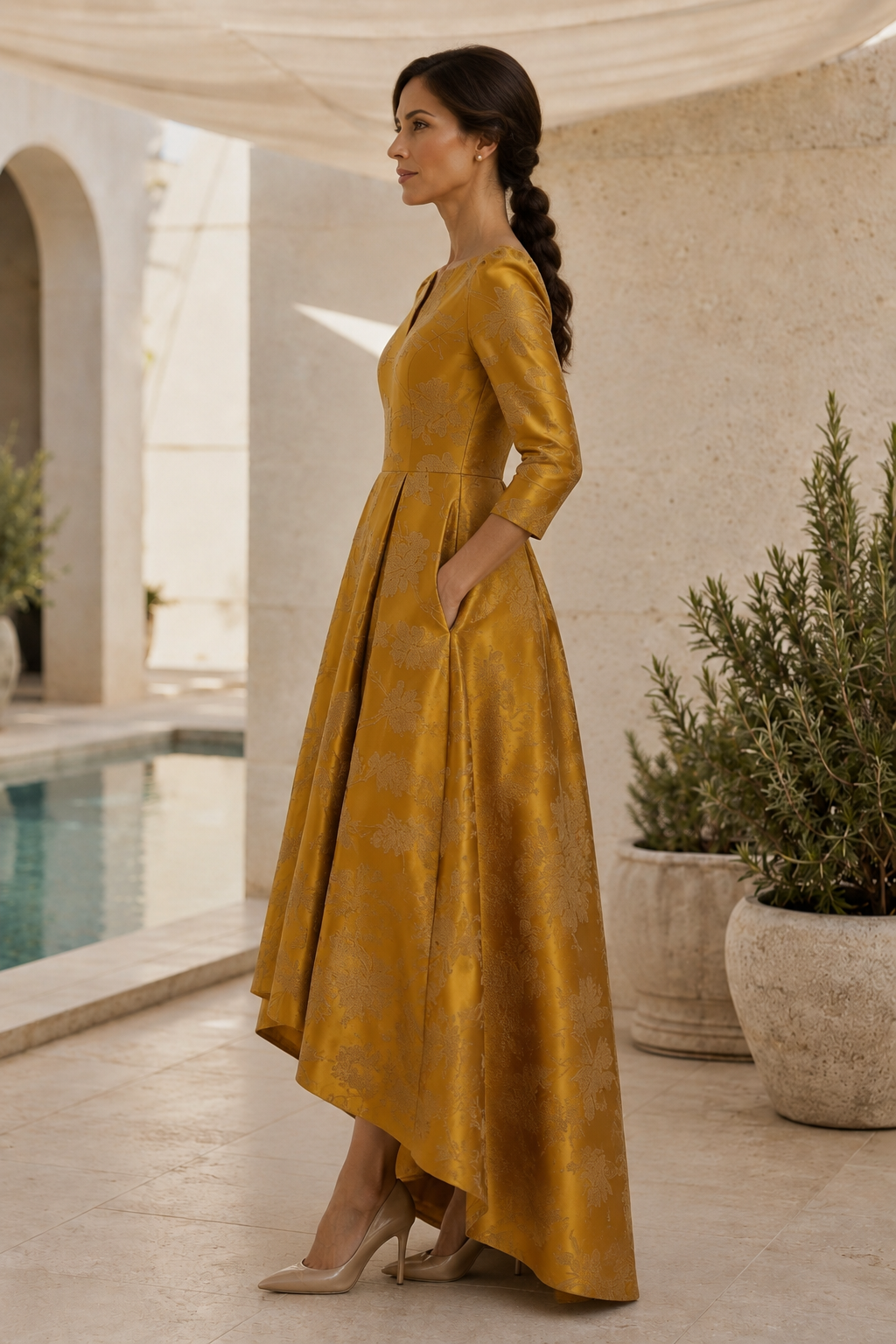 Jacquard High-Low A-Line Gown with 3/4 Sleeves
