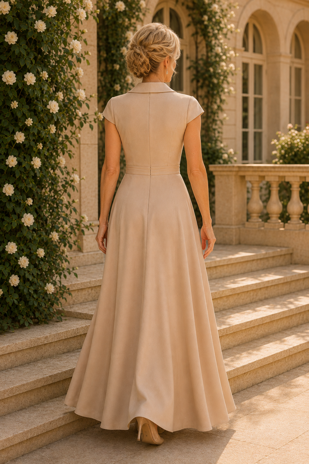 Floral Embroidered Lapel Wrap Gown with Cascading Drape