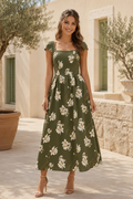 Square Neck Floral Midi Dress with Cap Sleeves