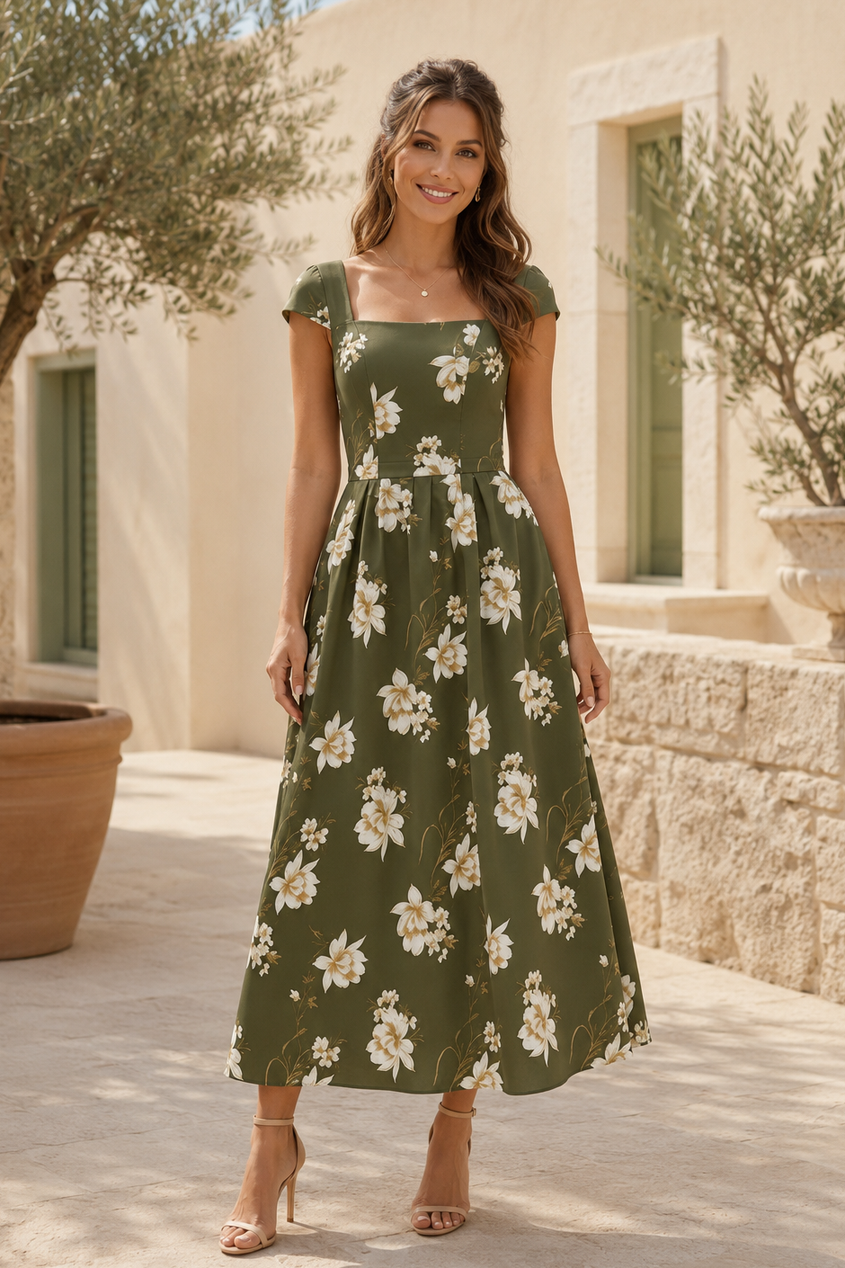 Square Neck Floral Midi Dress with Cap Sleeves