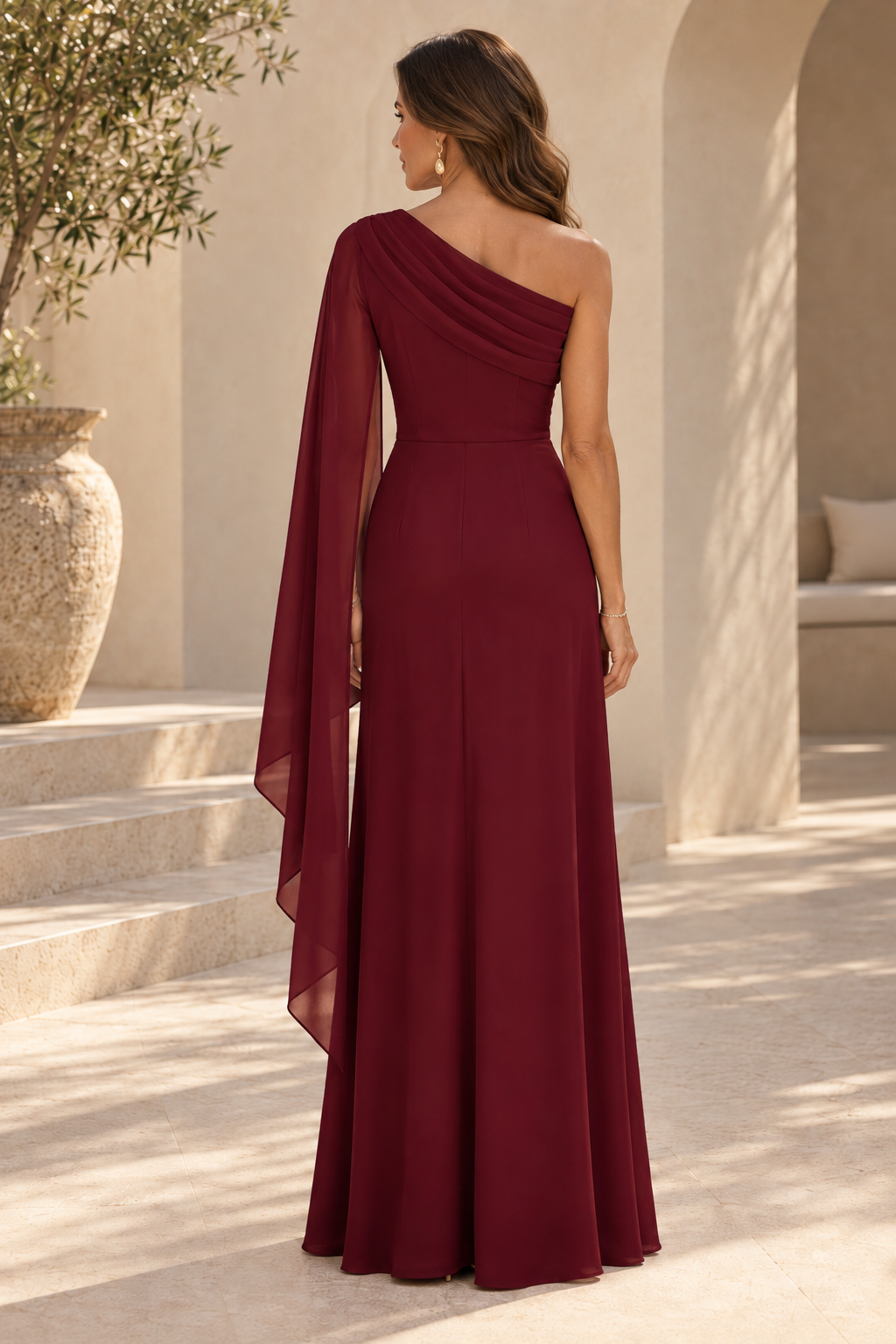 One-Shoulder Cape Sleeve Gown with Slit