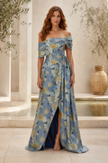Off-Shoulder Floral Jacquard Gown with High Slit