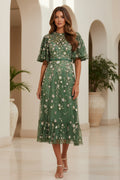 Embroidered Tulle Midi Dress with Flutter Sleeves