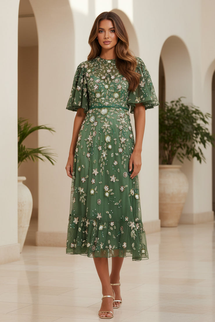 Embroidered Tulle Midi Dress with Flutter Sleeves
