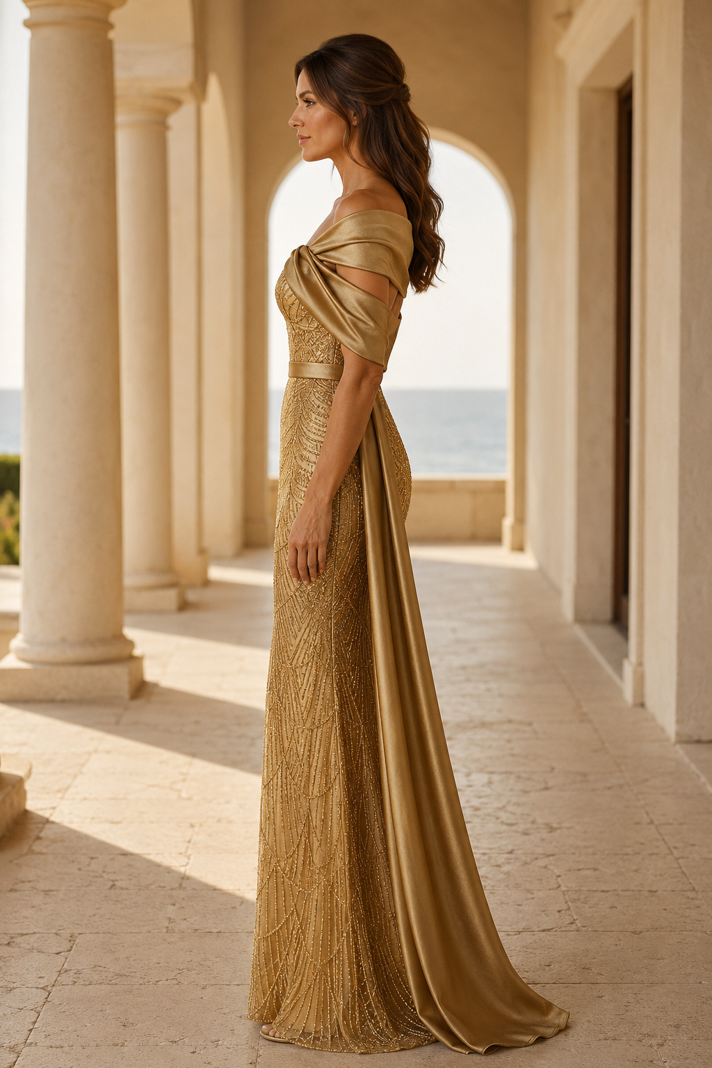 Off-Shoulder Mermaid Gown with Sequin Pattern & Satin Drape