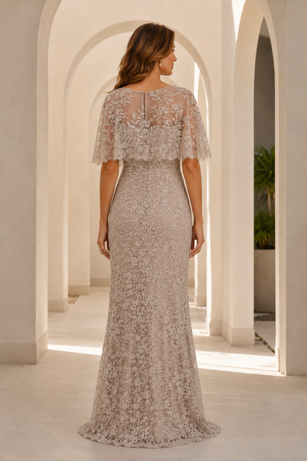 Elegant Lace Sheath Gown with Capelet